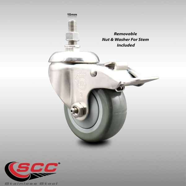 Service Caster 3.5 Inch 316SS Gray Polyurethane Swivel 10mm Stem Caster Total Lock Brake SCC-SS316TSTTL20S3514-PPUB-M1015 - main